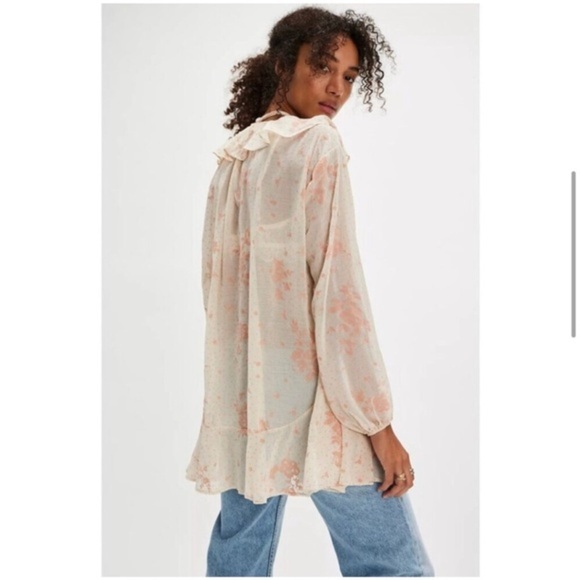 Free People Dreamland cream peach pink Floral button down sheer top size Small - Picture 5 of 5